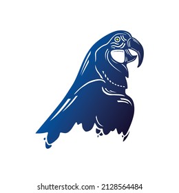 macaw the blue parrot bird logo, silhouette of great bird closeup vector illustration