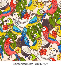 Macaw, cockatoo and coconut seamless background pattern