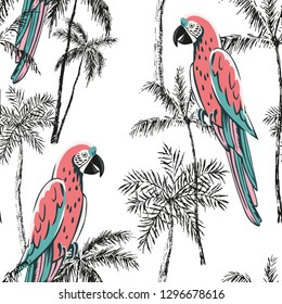 Macaw coral pink parrots, palm tree silhouettes, white background. Vector seamless pattern. Tropical illustration. Exotic plants, birds. Summer beach design. Paradise nature