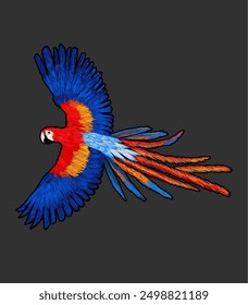 Vector de bordado de guacamayo. Ilustración de loro tropical. Fondo aislado. Para el diseño de ropa, telas, Diseño gráfico, fondo, etc.