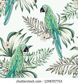 Macaw green parrots, palm leaves, plumeria flowers, light background. Vector floral seamless pattern. Tropical illustration. Exotic plants, birds. Summer beach design. Paradise nature