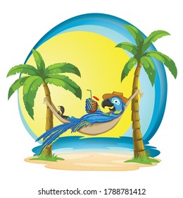 Macaw in a hammock with a cocktail on a tropical background. Illustration of a parrot with the sea and palms.