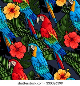 Macaw And Hibiscus Flowers Vector Seamless Background