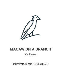 Macaw on a branch outline vector icon. Thin line black macaw on a branch icon, flat vector simple element illustration from editable culture concept isolated on white background