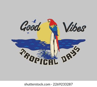 macaw en tablas de surf ilustración vectorial, ave tropical en la playa, diseño de playa de verano con tipografía, dibujo de loro, diseño de verano retro con tipografía