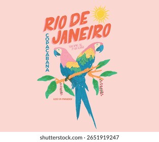 Arte do paraíso das araras. Verão vibes arte.  Pássaro tropical com design gráfico de impressão de árvore.  Verão vibes arte. Rio de Janeiro pintura aquarela. Arte de praia em Copacabana.