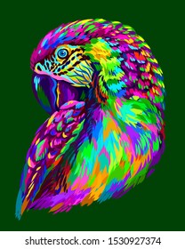 Macaw parrot. Abstract, neon macaw parrot portrait on a dark green background.