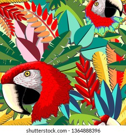 Macaw Parrot Arara Paper Craft Vector Seamless Pattern Design 
