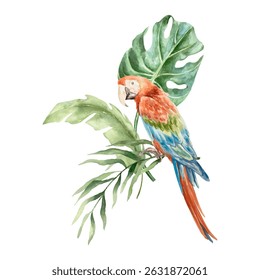 Macaw parrot with palm tree leaves, monstera, watercolor. Hand drawn vector illustration. For postcards, invitations, summer big banners, posters, labels.