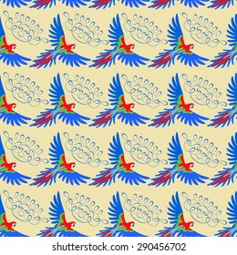 Macaw parrot seamless pattern, vector illustration isolated on beige background 
