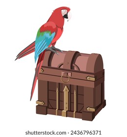 Macaw parrot sits on an antique chest on a white background.Vector illustration.