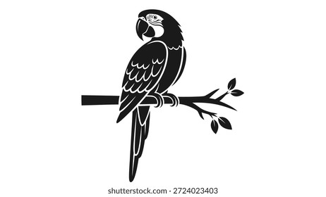 Loro guacamayo sentado en una rama de árbol, Ilustración vectorial blanca y negra.