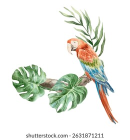 Papagaio de arara sentado em ramo tropical com folhas de monstera, aquarela. Ilustração de vetor desenhada à mão. Para cartões postais, convites, grandes banners de verão, cartazes, etiquetas.