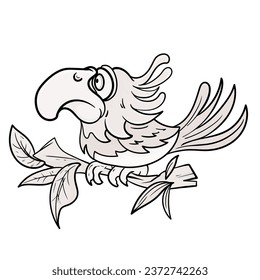 macaw parrot Toucan sits on branch coloring page. Black and white vector illustration of nature with cute birds for colouring book
