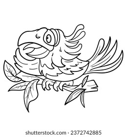 macaw parrot Toucan sits on branch coloring page. Black and white vector illustration of nature with cute birds for colouring book