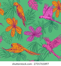 Loro guacamayo, pájaro tropical, hojas de palma, patrón sin fisuras, dibujo dibujado a mano