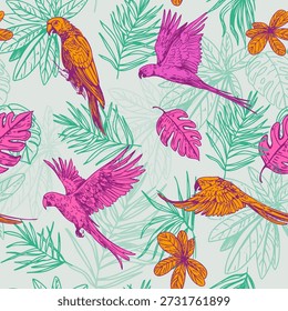 Macaw parrot, tropical bird, palm leaves, seamless pattern, hand-drawn sketch