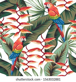 Macaw parrots, green banana palm leaves, red heliconia flowers, white background. Vector floral seamless pattern. Tropical illustration. Exotic plants, birds. Summer beach design. Paradise nature