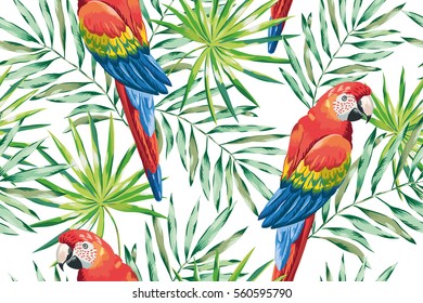 Macaw parrots with green palm leaves on the white background. Vector seamless pattern. Tropical illustration with birds and plants. 