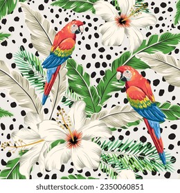 Macaw parrots, hibiscus flowers, green palm leaves, cheetah animal print background. Vector floral seamless pattern. Tropical illustration. Exotic plants, birds. Summer beach design. Paradise nature