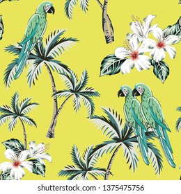 Macaw parrots, palm trees, white hibiscus flowers, green leaves, yellow background. Vector floral seamless pattern. Tropical illustration. Exotic plants, birds. Summer beach design. Paradise nature