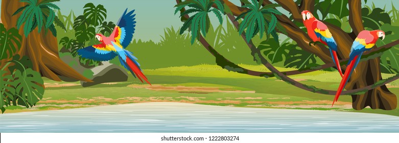 Macaw parrots sit on the branches and fly over the lake in the jungle. A tropical forest. Rainforests of Amazonia. Tree, epiphytes, creepers, banana trees and monsteras. Realistic Vector Landscape