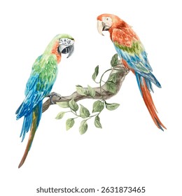 Macaw parrots sitting on a branch. Blue and red bird, watercolor. Hand drawn vector illustration. For postcards, invitations, summer big banners, posters, labels.