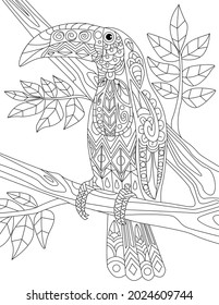 Macaw Resting On A Tree Branch With Small Leaves Colorless Line Drawing. Small Toucan Staying On Twig Coloring Book Page.