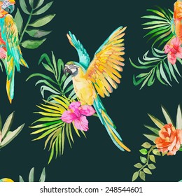 Macaw seamless pattern. Palm leaves and tropical flower and camellias. Black background.Tropical parrot. Exotic. Vector for your design.