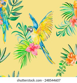 Macaw seamless pattern. Palm leaves and tropical flower and camellias. Tropical parrot. Exotic. Vector for your design.