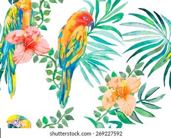 Macaw seamless pattern. Topical flower and leaves, hibiscus. Tropical parrot. Exotic. Vector for your design.Transparent background.