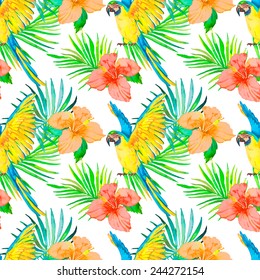 Macaw seamless pattern. Transparent background. Palm leaves and tropical flower. Tropical parrot. Exotic. Vector for your design. Bright tropical pattern.