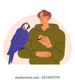 Macaw se sienta en la mano de su dueño. Un joven alimenta a ara, juega con un pájaro mascota en el zoológico. Un tipo entrenando a loro hablando. Animales domésticos de plumas. Ilustración vectorial aislada plana sobre fondo blanco