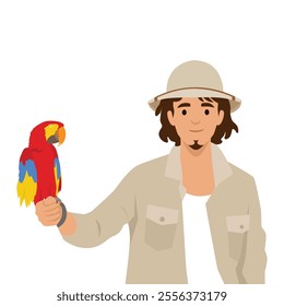 Macaw sits on his owner hand. Young man feeds ara, plays with pet bird in petting zoo. Flat vector illustration isolated on white background