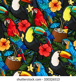 Macaw, toucan and tropical cocktail vector seamless background