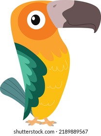 Maquillaje, hermosas aves tropicales, exóticas y coloridas. Las alas son amarillas, verdes y azules. Gracioso y adorable. Ilustración de dibujos animados, diseño gráfico, vector