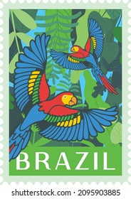 Macaw's Bird. Travel to Brzail Poster Design, Postage Stamp, Sticker, Banner