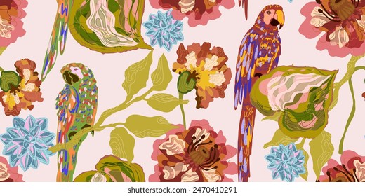 Guacamayos y flores. Aves y plantas exóticas tropicales. Vector patrón de solapamiento sin costuras.