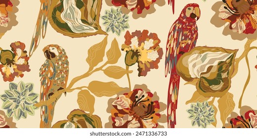 Macaws and flowers. Tropical exotic birds and plants. Vector seamless overlapping pattern.