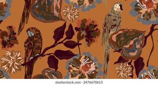 Macaws and flowers. Tropical exotic birds and plants. Vector seamless overlapping pattern.