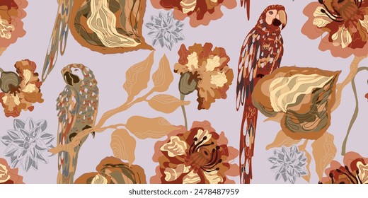 Macaws and flowers. Tropical exotic birds and plants. Vector seamless overlapping pattern.