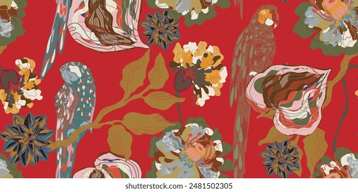 Macaws and flowers. Tropical exotic birds and plants. Vector seamless overlapping pattern.