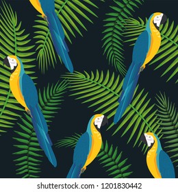 macaws parrots with branches leaves background
