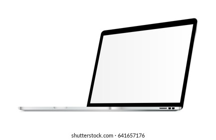 Macbook Pro mockup with blank screen isolated - 3/4 right view. Showcase your apps, websites, tools and other digital projects placed in realistic laptop. Vector illustration