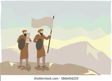 Maccabeem - Historical Jewish soldiers holding flags, Torah scrolls and shields. Standing on a hill. And in the background there are mountains.
Flat vector drawing.