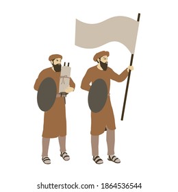 Maccabim - Historical Jewish Soldiers. Bearded. Hold a flag, a Torah scroll and shields.
Flat vector drawing.