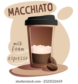 Macchiato café em xícara de papel com grãos de café. Ilustração vetorial para faixa, site, cartaz, menu. Ilustração para café, casa de café, bar, conceito de comida, receita