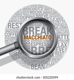 Macchiato coffee word cloud concept, vector design template