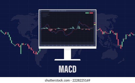 macd Moving Average Convergence Divergence indicator for stock market trading with big screen and candle stick with modern flat style