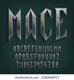 Mace alphabet font. Distressed metal letters and numbers on a wooden background. Stock vector typescript for your typography design.